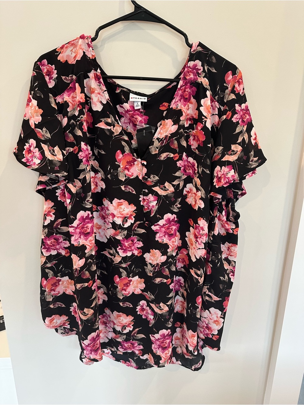 torrid Black Floral V-Neck Flutter Sleeve Blouse - Pink Floral Accents